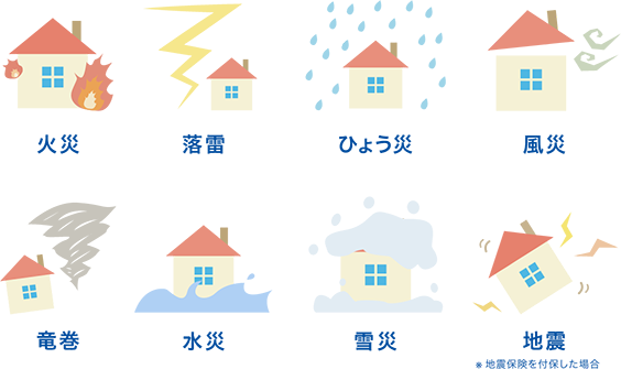 火災や地震、落雷、台風、大雨、風災、竜巻、水害、大雪といった災害で被害を受けている家のイラスト